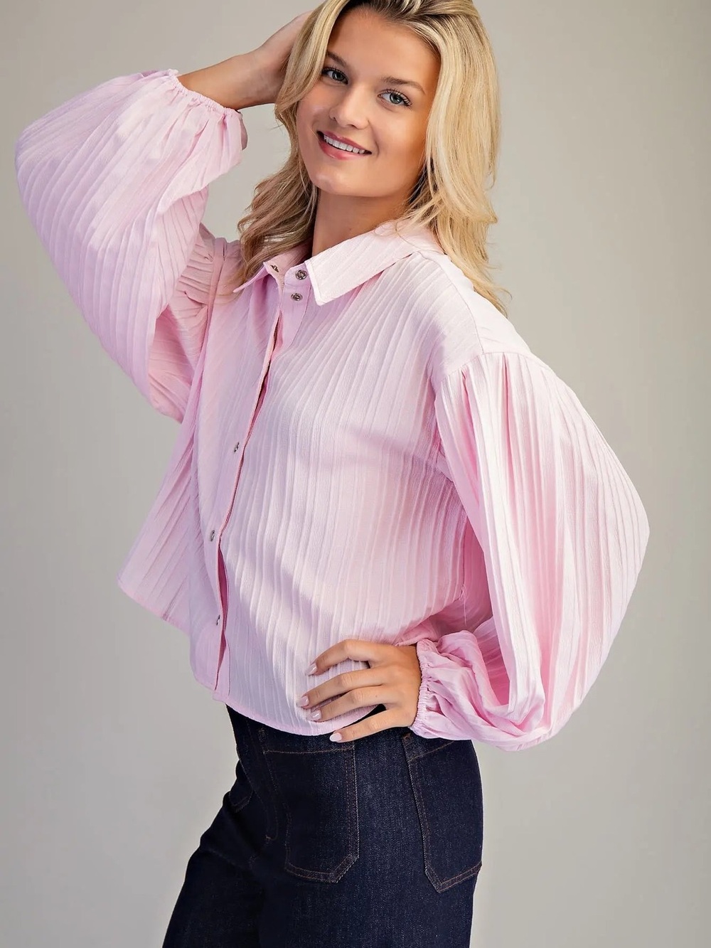 K9500 Bubble Sleeve Button Down Blouse-PInk - Picture 2 of 5